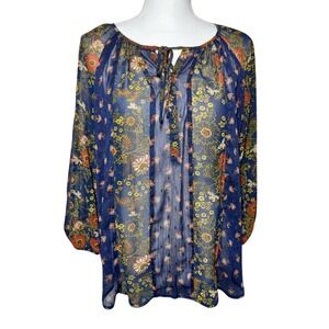 New Directions Boho Blue Floral Blouse Subtle Shimmer 3/4 Sleeve Women‎ Small